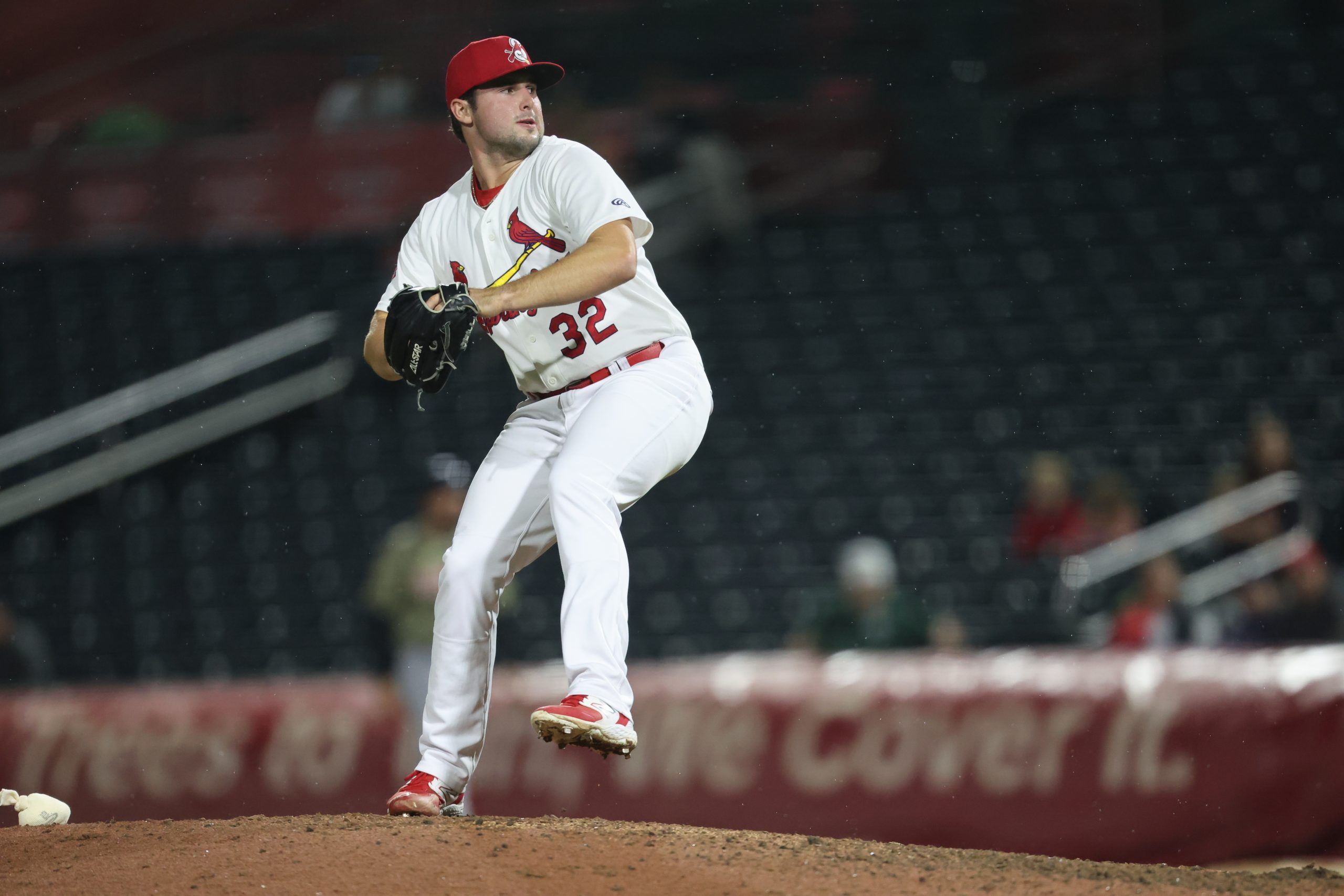 Max Rajcic, wearing a Springfield Cardinals uniform, pitches during a game at Hammons Field