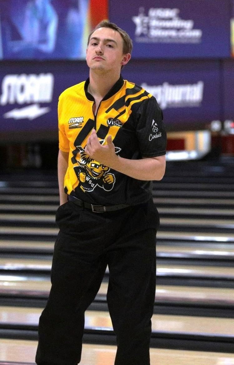 Spencer Robarge pumps his fist after bowling a strike