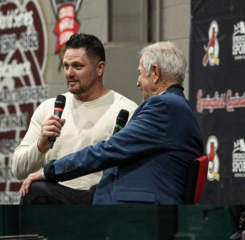 Jason Hart is interviewed by Ned Reynolds during Missouri State's First Pitch fundraiser