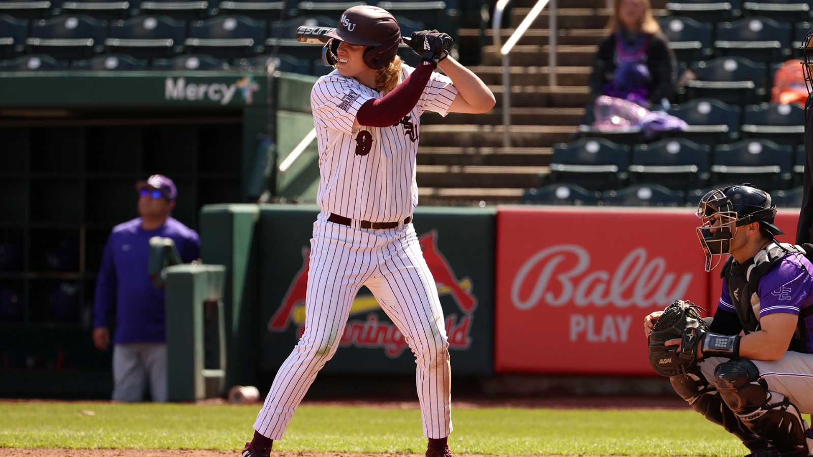 Zack Stewart, wearing a Missouri State baseball uniform, prepares to hit the ball during a game.
