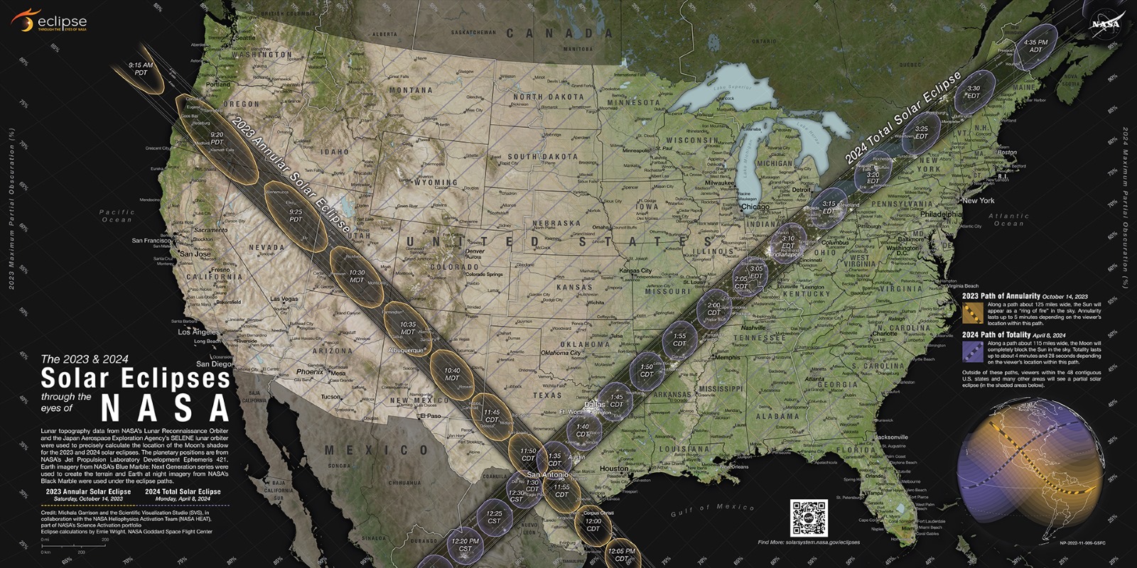 A visualization map from NASA showing the 2023 annular and 2024 total eclipse paths.