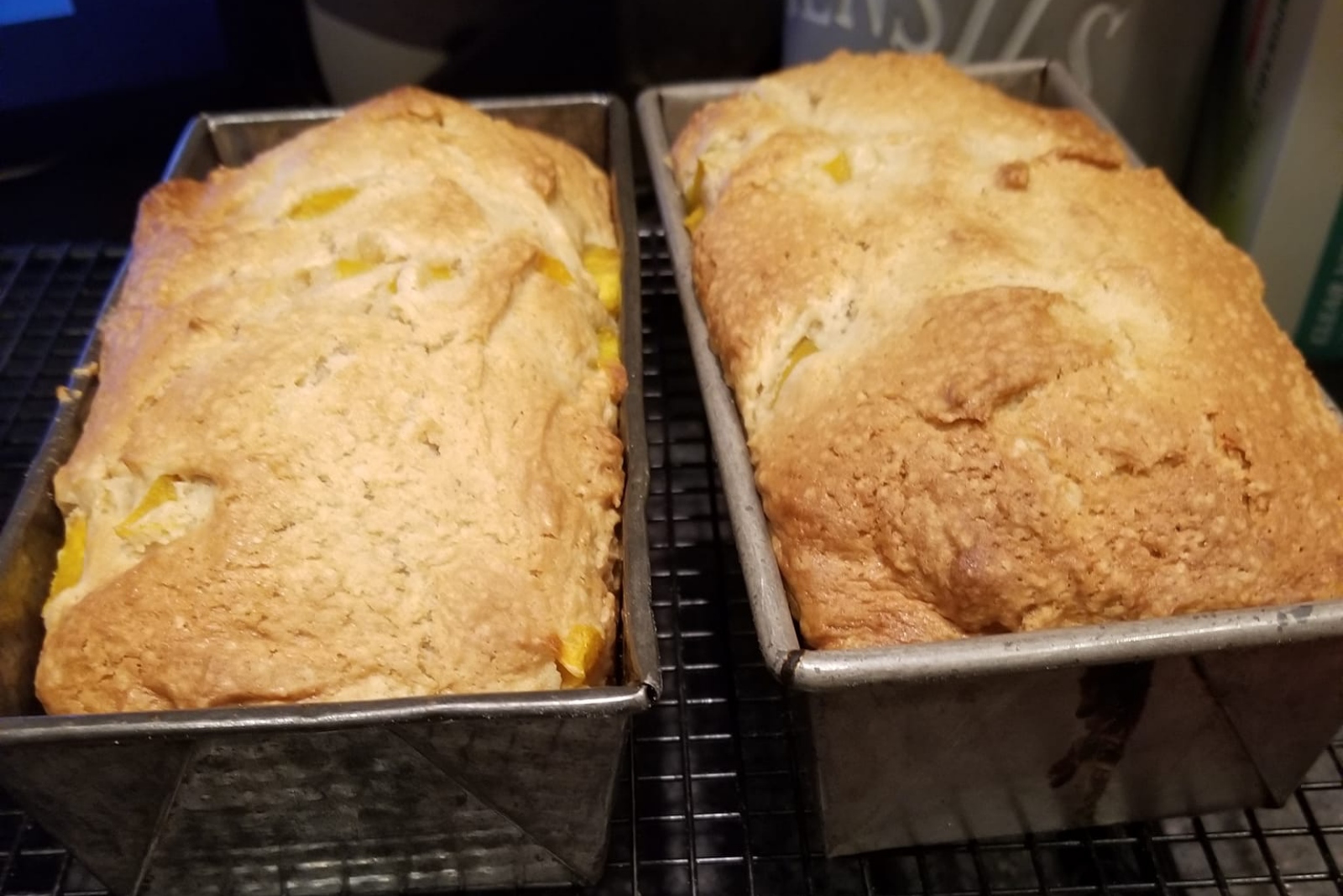 Two loaves of bread in pans