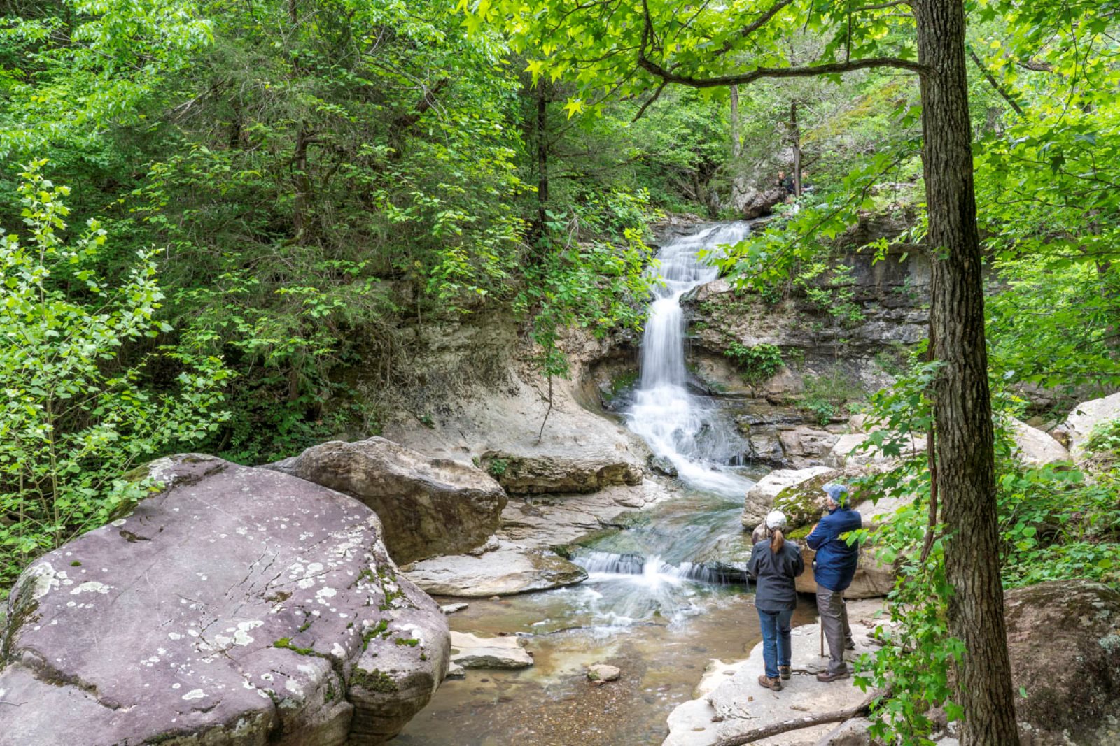 Hikers reach a nice spot to view Broadwater Hollow Falls near the Buffalo National River in northwest Arkansas. (Photo by Sony Hocklander)
