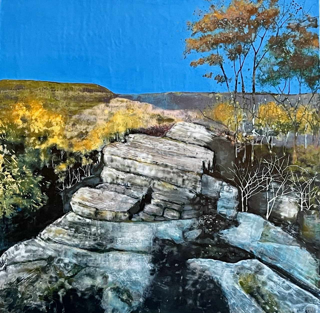 An encaustic wax painting of a valley with large rock formations