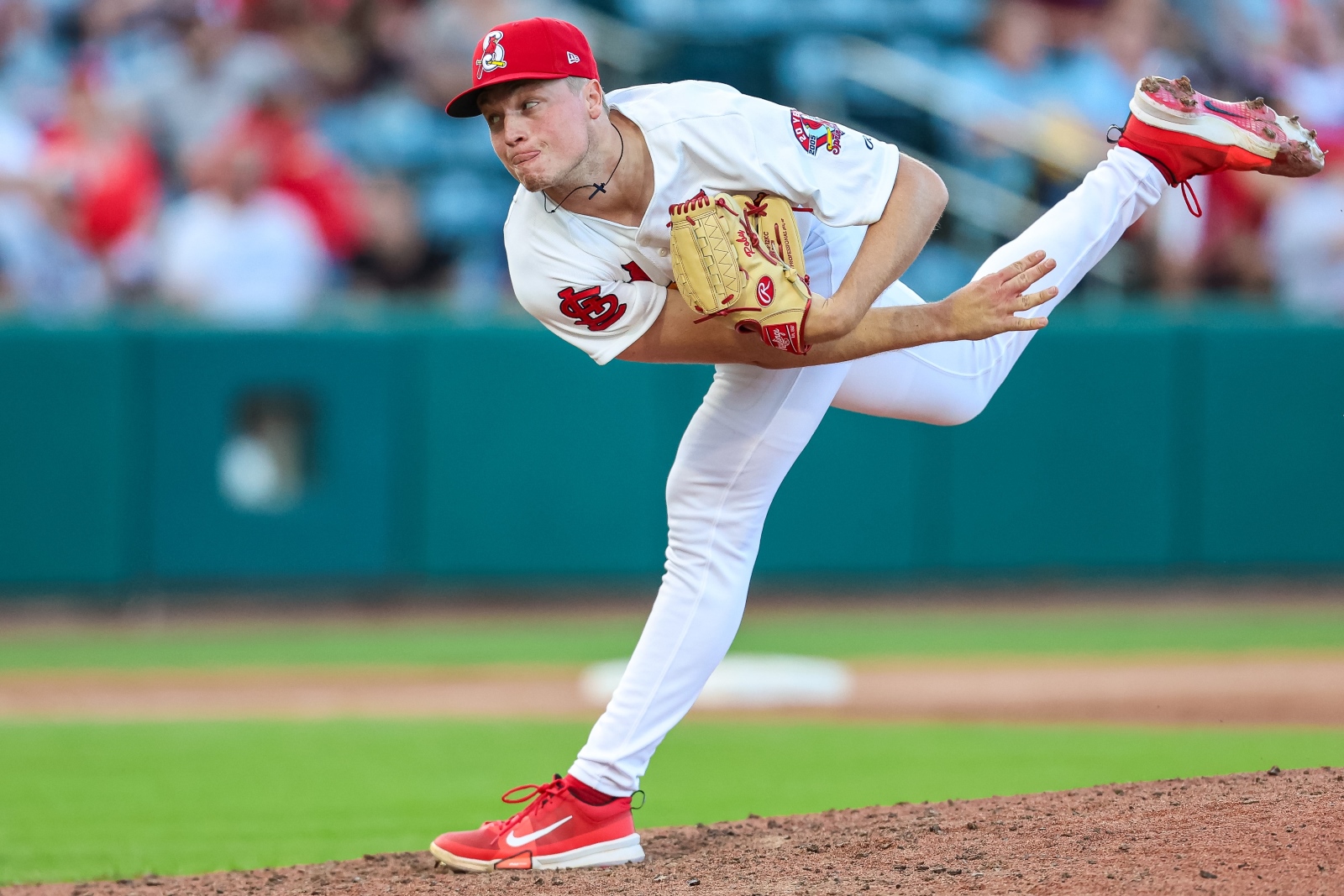 Tekoah Roby, wearing a Springfield Cardinals uniform, pitches during a game at Hammons Field.