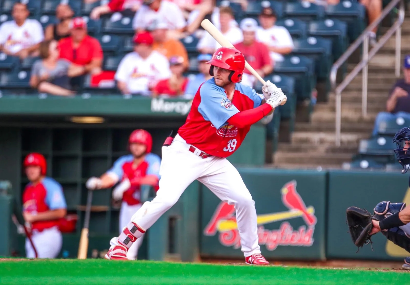 Brendan Donovan, wearing a Springfield Cardinals uniform, prepares to hit the ball during a game at Hammons Field in Springfield, Missouri.