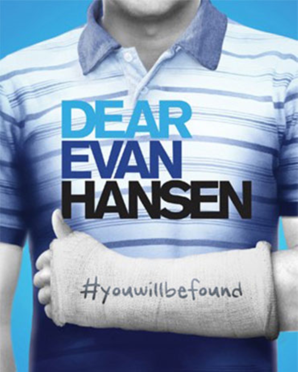 The logo for the musical "Dear Evan Hanson," featuring a teenaged boy in a striped polo shirt with their left arm in a cast.