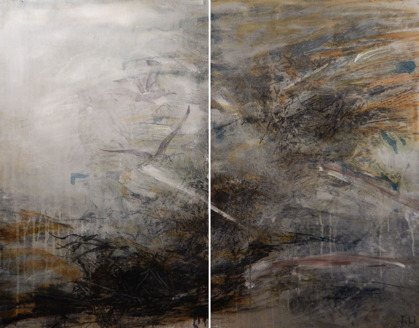 "Nowhere to Place IX," a watercolor diptych by J. Li
