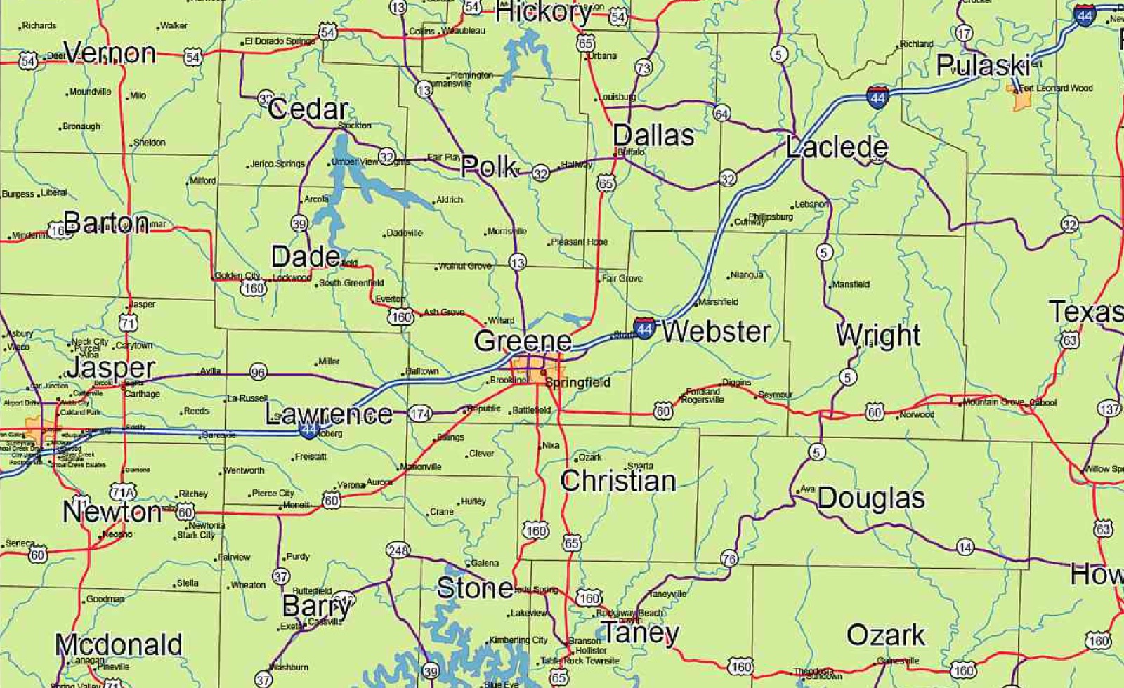 Southwest Missouri map by county