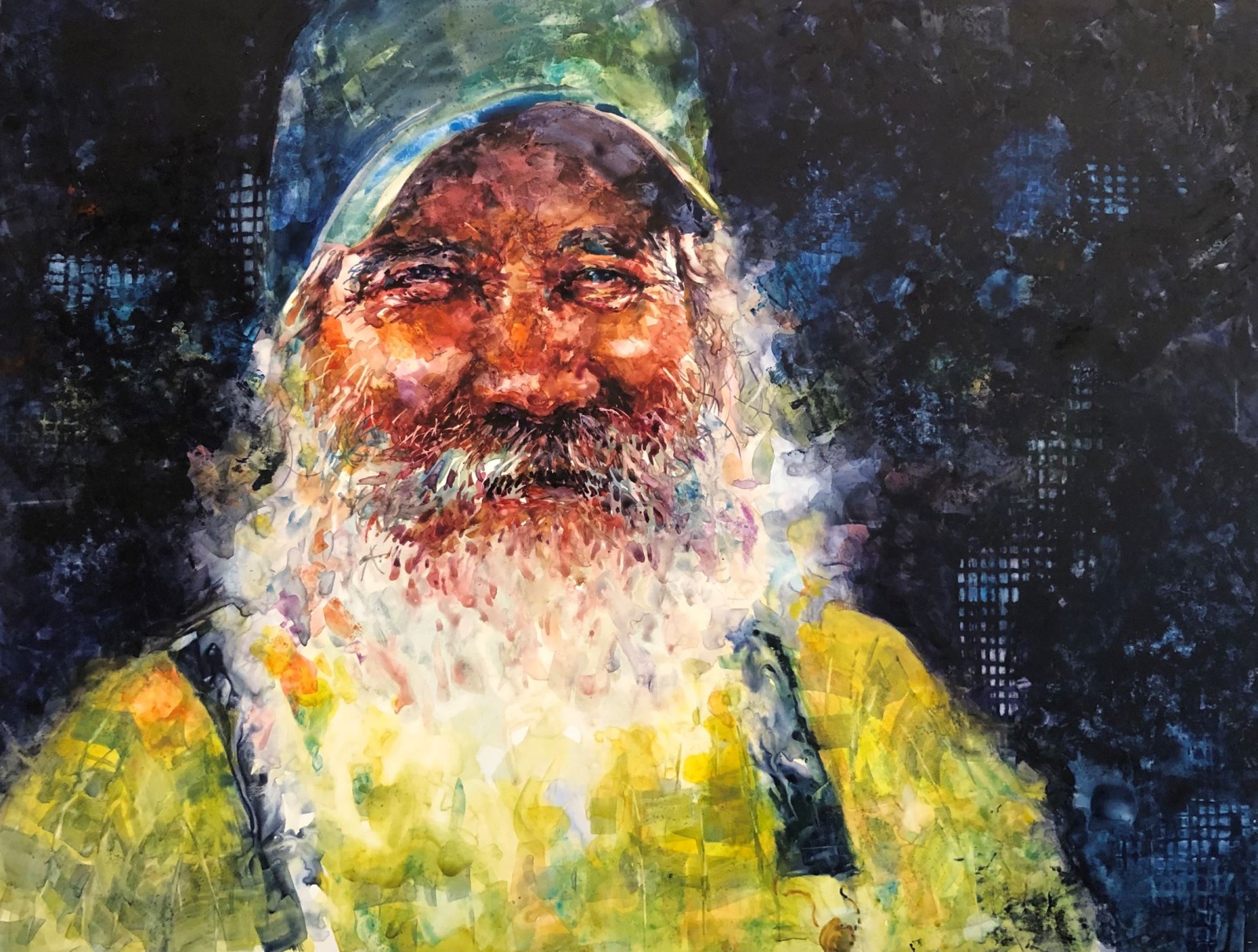 A painting of a man with a white beard wearing a blue hat and a bright yellow shirt.