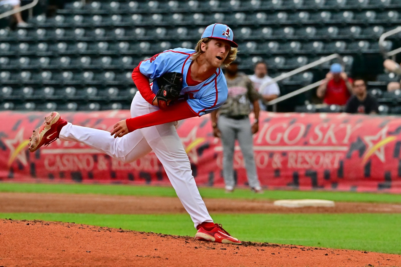 Quinn Mathews, wearing a Springfield Cardinals uniform, pitches the baseball during a game at Hammons Field